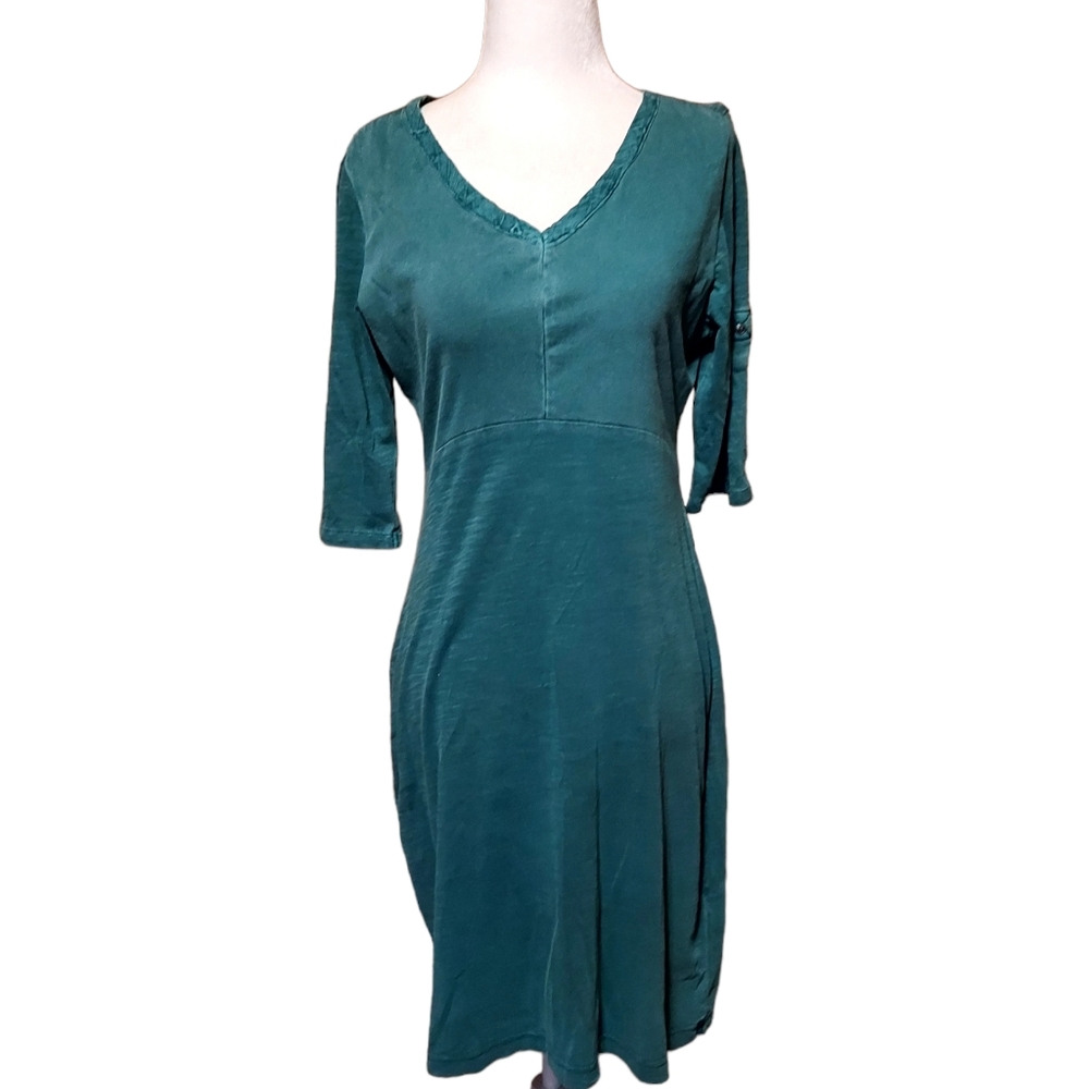 Woolrich XS Green Midi Dress 100% Cotton V-Neck Lightweight Distressed Casual